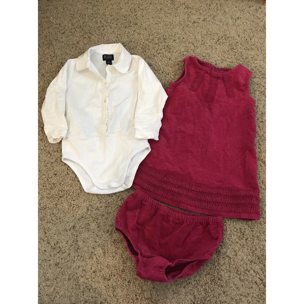 Lot of 3 White Collared Long Sleeve Bodysuit Pink Sparkle Sleeveless Dress 3T